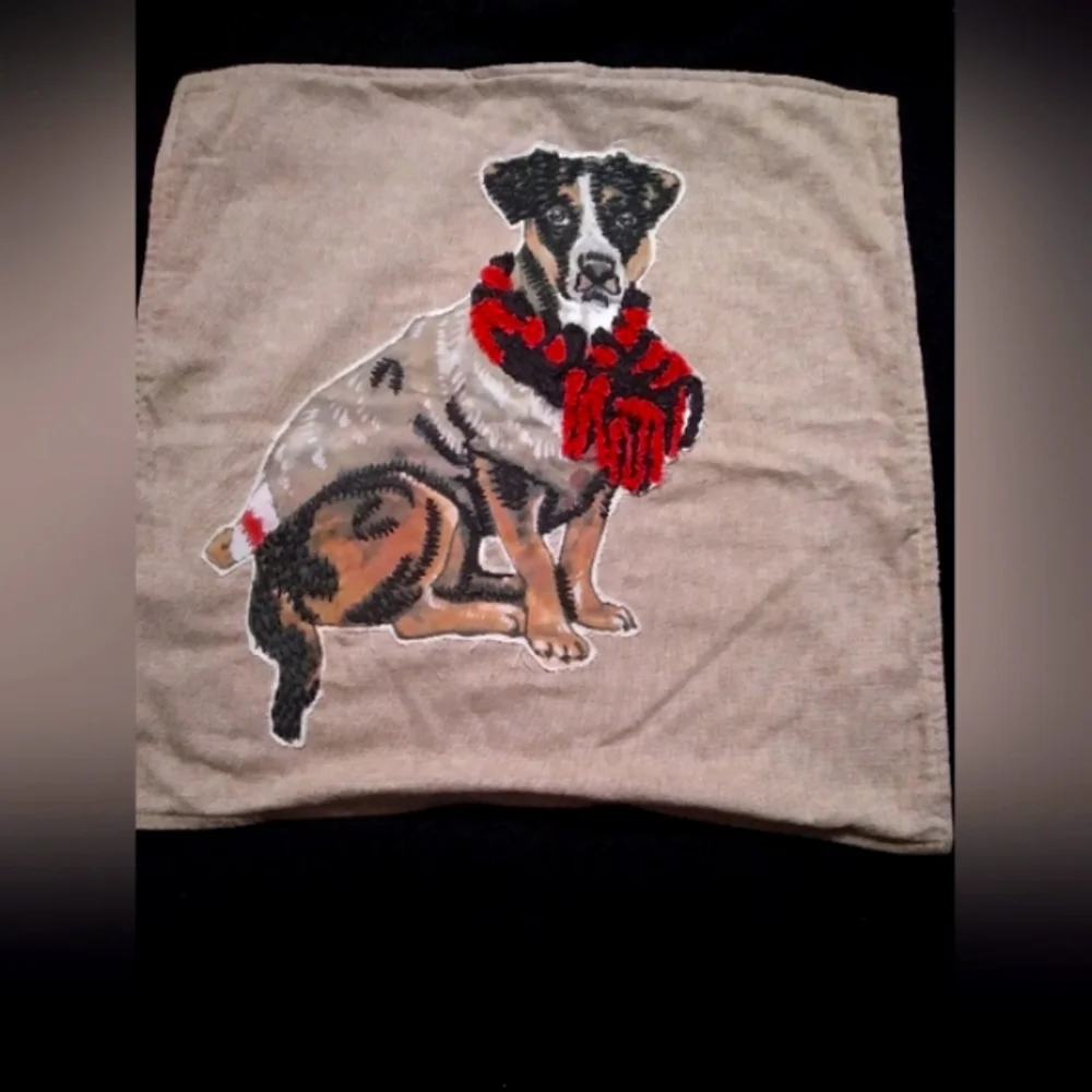 Pottery Barn Throw Pillow Cover Painted & Embroidered Terrier Tan 20 x 20